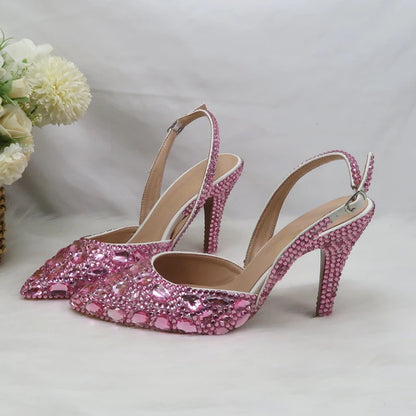 Fashion Sling-back Pink Bling Pointed Toe Wedding Shoes and bag Woman High Pumps Thin Heel Party Shoes Slingbacks Shoe Bag Set