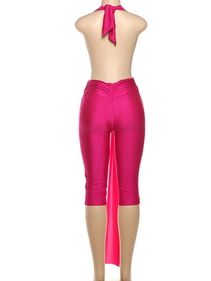 Weird Puss Patchwork Halter Romper Women Ribbon Sleeveless Elastic Backless Workout Activewear Midnight Activity Slim Playsuits