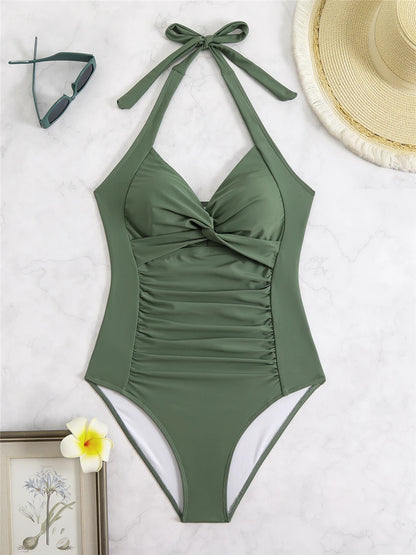 One Piece Solid Swimsuit Women 2026 Plain Ruched Swimwear Slim V Neck Bodysuit Female Bathers Bathing Swimming Swim Beach Summer
