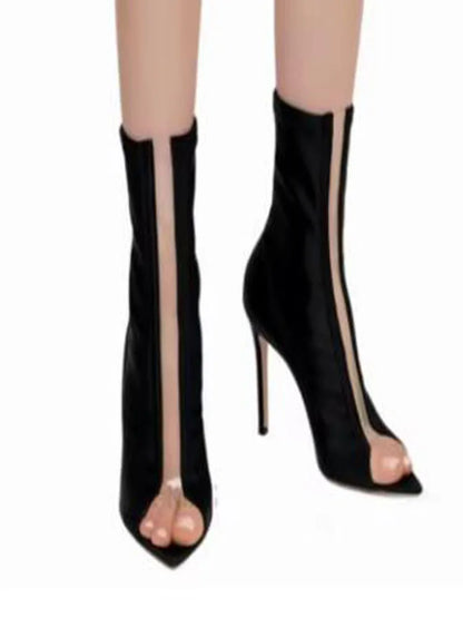 Sexy Black Satin Stretch Transparent PVC Patchwork Pointed Peep Toe Ankle Boots Ladies Stiletto Heel Slim Booties Shoes Size 47