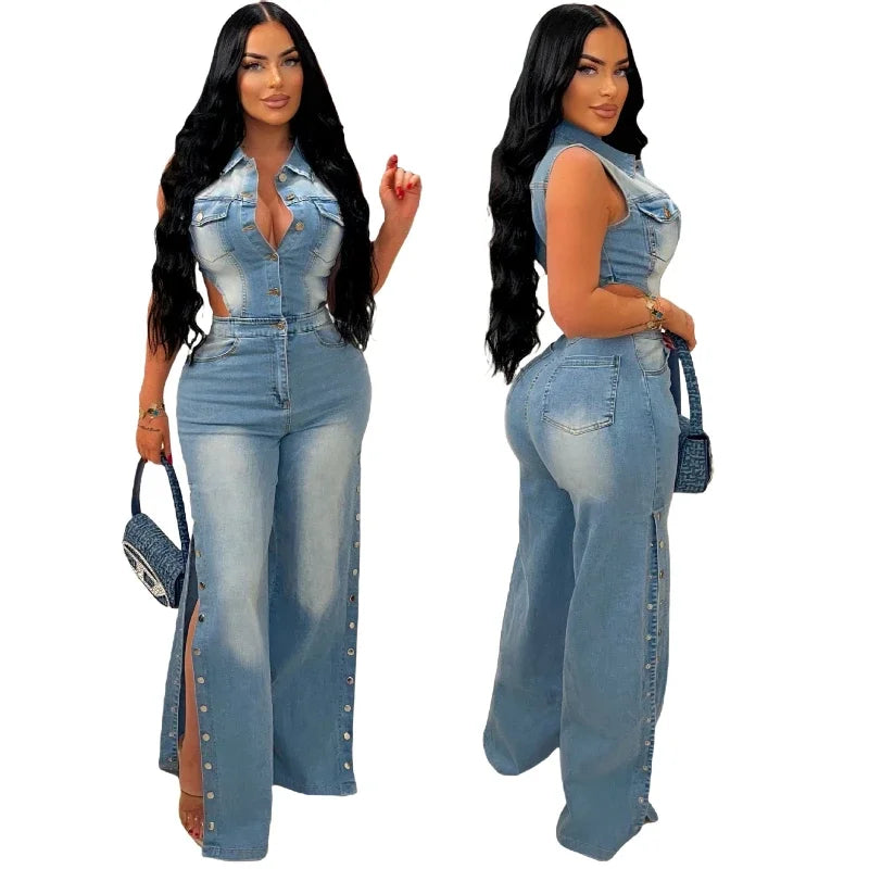 Jumpsuits Women Denim Pants One Piece Sleeveless Turn Down Collar Overalls Sheath Sexy Straight Long Pant Rompers Slim Fit