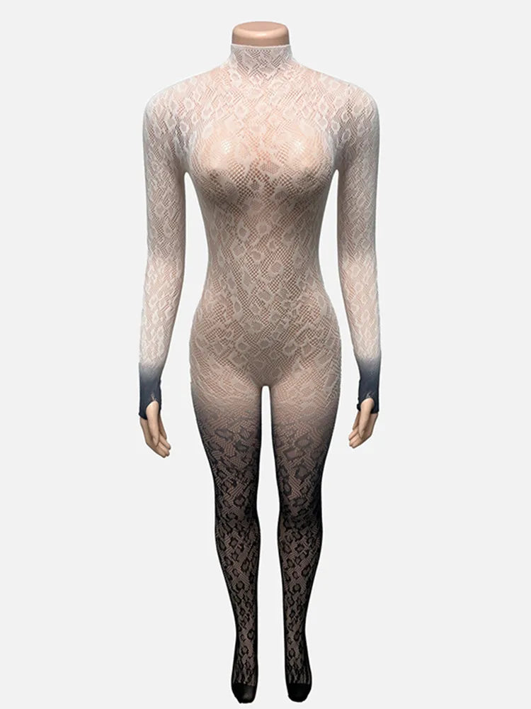 Joskaa Sexy Lace Backless Gradient Foot Jumpsuit Women Hipster O-Neck Full Sleeve Skinny Rompers Coquette Midnight Clubwear