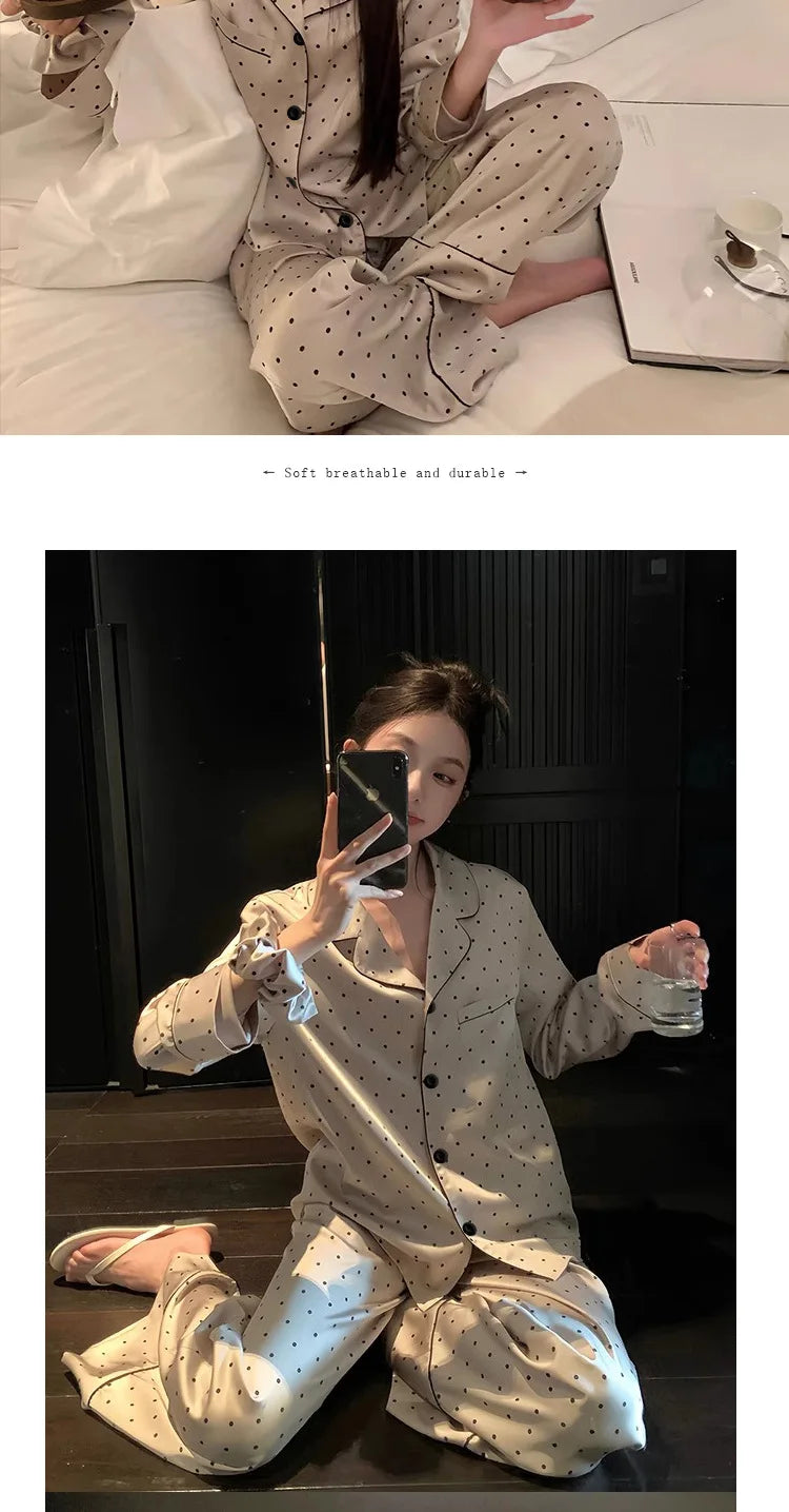 French High Sense of Sleepwear Women Spring and Fall New Simple Polka Dot Long-Sleeved Long Pants Ice Silk Homewear Fashion Suit