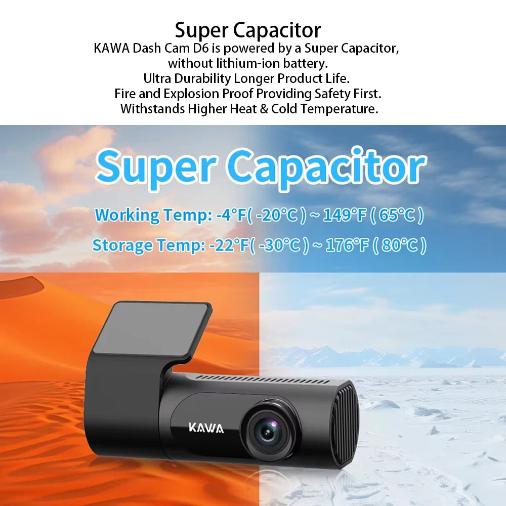 KAWA Dash Cam D6 1440P 2K Voice Control Dash Cam 360 Rotation 24-hour Parking Monitoring Supercapacitor Night Vision Car DVR WIFI High Temperature Resistance