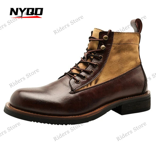 Men's Vintage Genuine Leather Motorcycle Boots, Round Toe British Style Work Ankle Boots