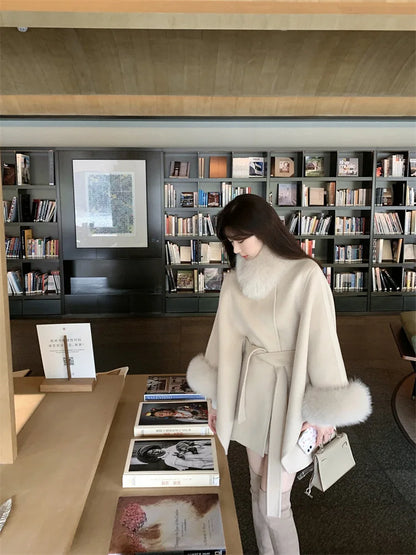 Real Fox Fur Overcoat Bat Sleeves Collar Woolen Coat Luxury Cashmere Poncho Blend Women Autumn Winter New Long Ribbon Cloak