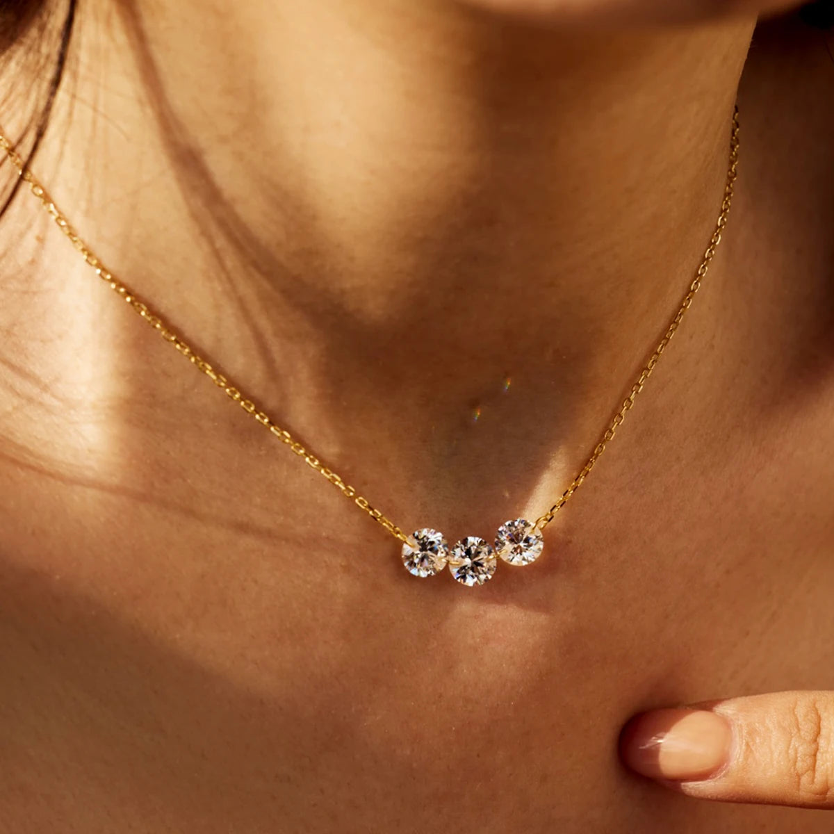 Genuine S925 Silver 3 Sparkling Zircon Necklace Dainty Sliding - Adjustable Length  Minimalist Luxury Jewelry for Men and Women