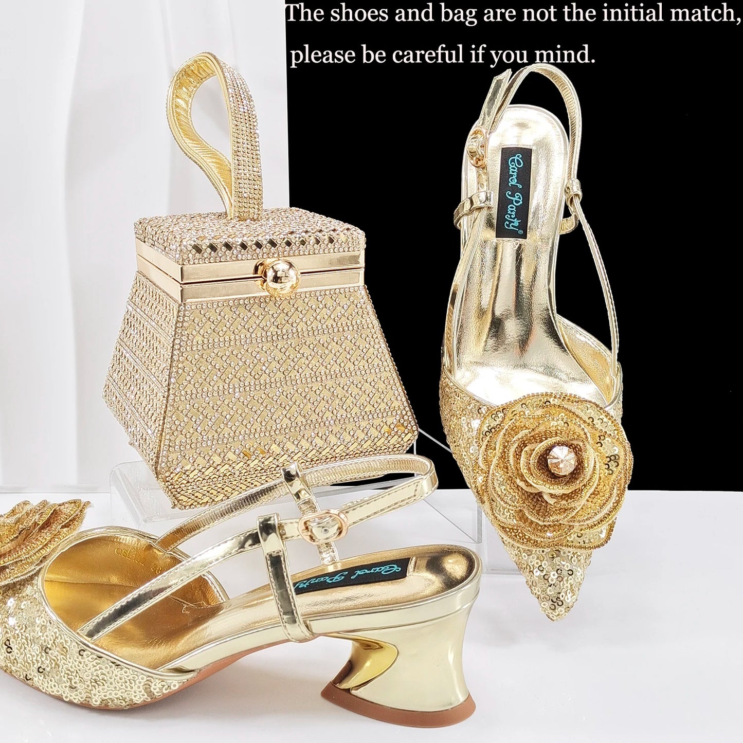 Queena Yan Nigerian Gold Color Party for Women Shoes and Bag Mixed Package Sequins Handbag Italian Design Wedding