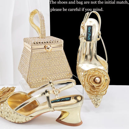 Queena Yan Nigerian Gold Color Party for Women Shoes and Bag Mixed Package Sequins Handbag Italian Design Wedding