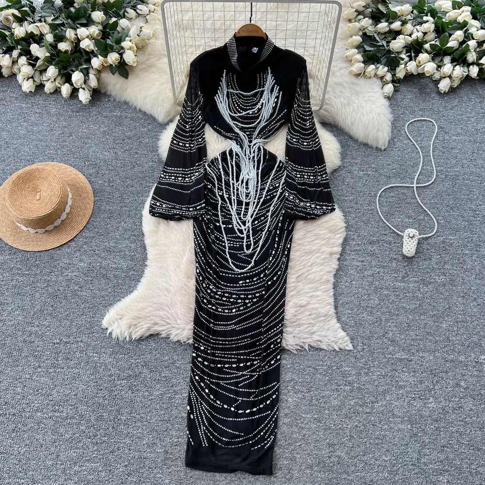 Chic vintage rhinestone slim long sleeve Elegant Fairy korean fashion autumn Sundress women clothing