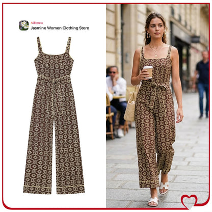 Elegant Embroidered Eyelet Belted Jumpsuits for Women Stylish Round Neck Straight Leg Jumpsuits with Thin Straps and Fabric Belt