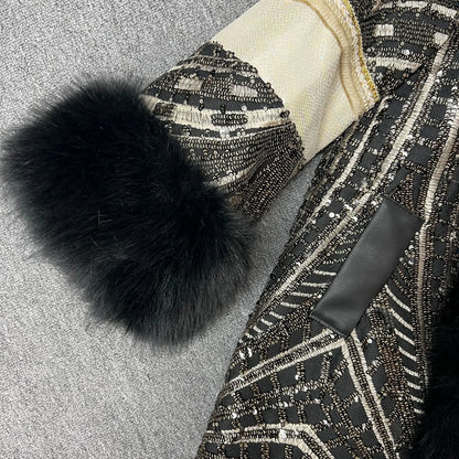 2025 Autumn Winter New Faux Fox Fur Coat Fashionable Stylish Korean Version Heavy Sequins Trendy Women's Jacket Furry Coat