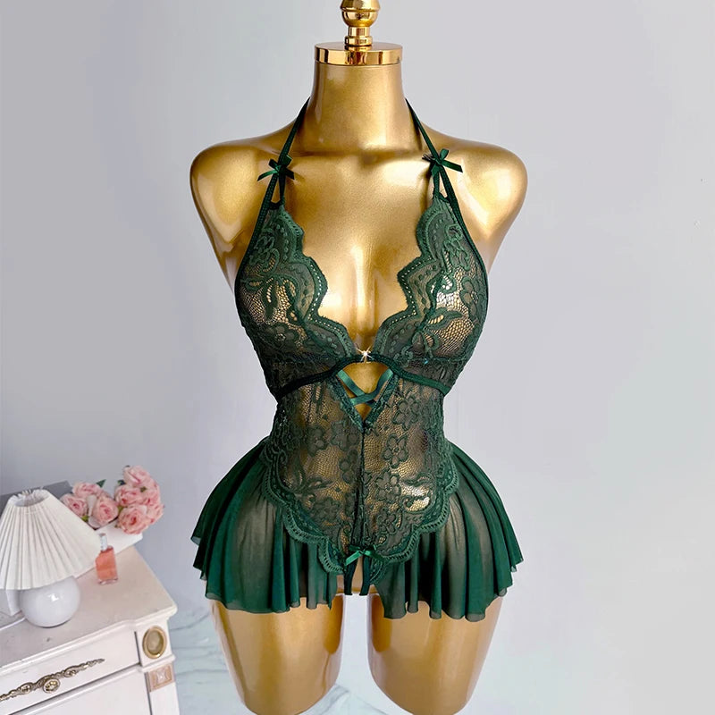 Sexy Crotchless Lingerie Women Lace Hollow Bodysuit Pajamas Teddy Babydolls Deep V Underwear