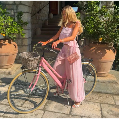 Beach Lace Hollow Out Women's Summer Pants Sets Lace Up Backless Spaghetti Strap Crop Top Loose Pleated Lantern Pant 2026 Suit