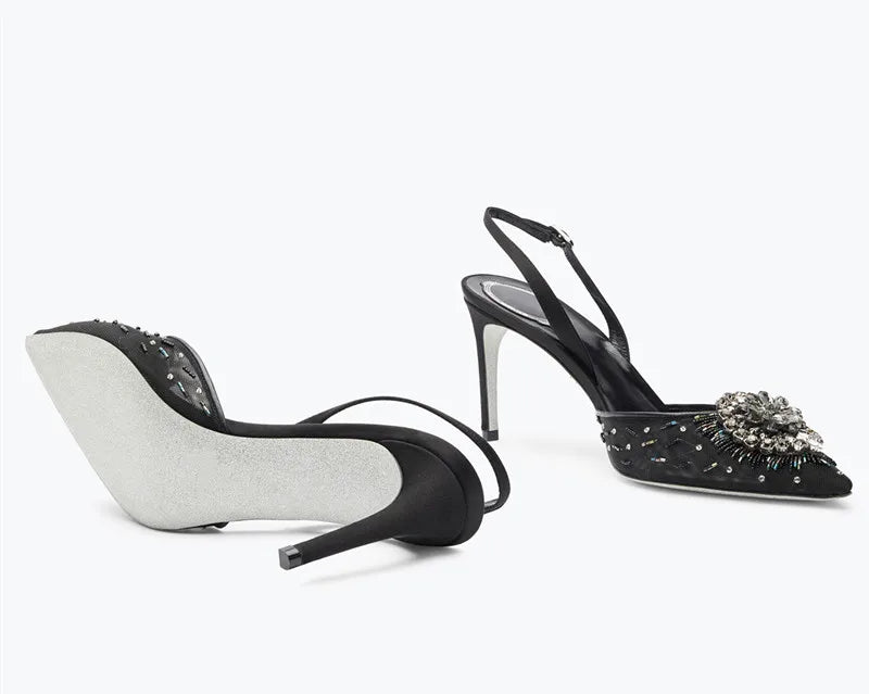 Luxury Diamond Pearls Lace Mesh Women Pumps Elegant Pointed toe Thin High heels Fashion Summer Slingbacks Wedding Party Shoes