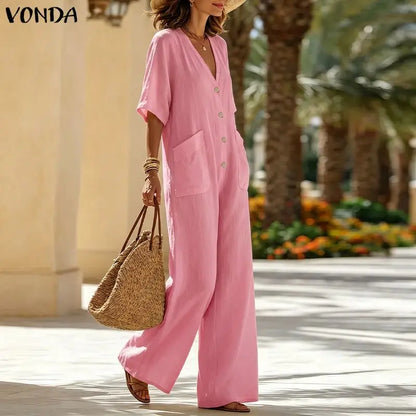 Vintage Jumpsuits VONDA 2026 Plus Size Women Solid Overalls Casual Loose Big Pockets Buttons V Neck Party Playsuits Oversized