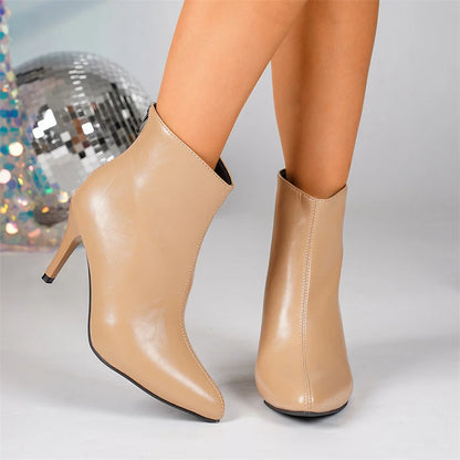 New Winter Soft PU Leather Women Ankle Boots Pointy Toe Side Zipper High Heels Stiletto Shoes Black Sexy Ladies Work Boots Party