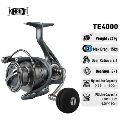 Kingdom TERTIA Spinning Fishing Reel Ultra-Long Casting 1000-5000 Max Drag 15KG 8+1 BB 5.2:1 Freshwater Saltwater Fishing