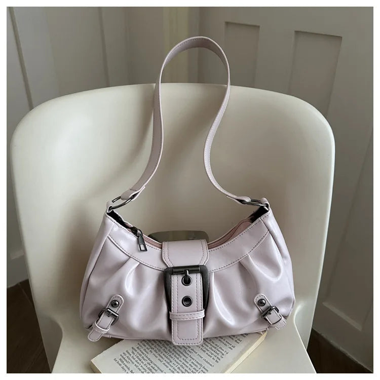 Fashion Pleated Lock Design Women's PU Shoulder Bags Simple Solid Color Ladies Underarm Bag Portable Cool Girls Phone Handbag