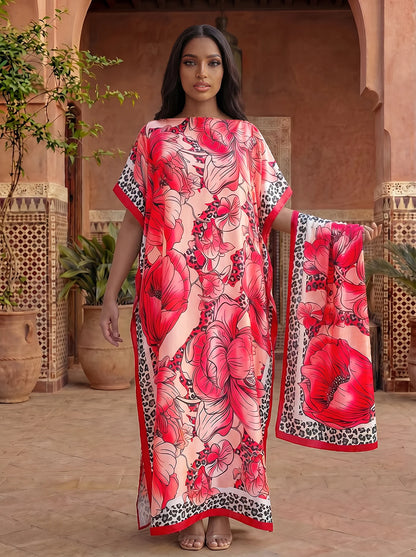 Leopard Border Big Floral Print Satin Abaya With Scarf, Loose Maxi Kaftan For Muslim Women Summer Beach Wear