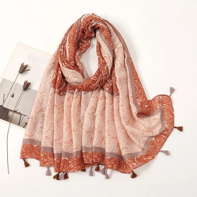 2025 Japanese Boho Linen Scarf: Vintage Floral Print Patchwork Shawl - Sun Protection Fringe Wrap Women