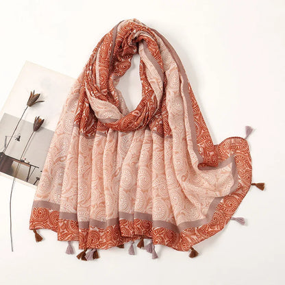2025 Japanese Boho Linen Scarf: Vintage Floral Print Patchwork Shawl - Sun Protection Fringe Wrap Women