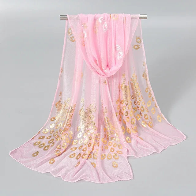Women Glitter Thin Muffler Solid Color  Elegant Hijab Scarf Chiffon Long Scarves Gold Peacock Print Wrap Shawl Georgette Scarf