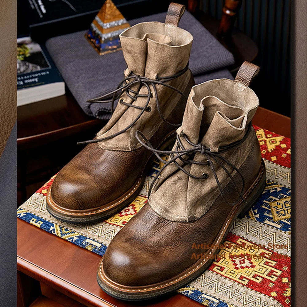 Vintage Thick-Soled Boots Genuine Leather High Top Lace Up Men's Booties British Style Trendy Handmade Cowhide Men's Shoes