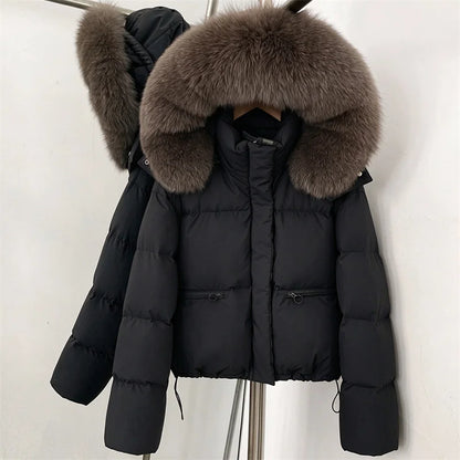 women's winter down jacket 2026 new detachable fox fur collar hooded women's down coat White duck down filled warm thick coat