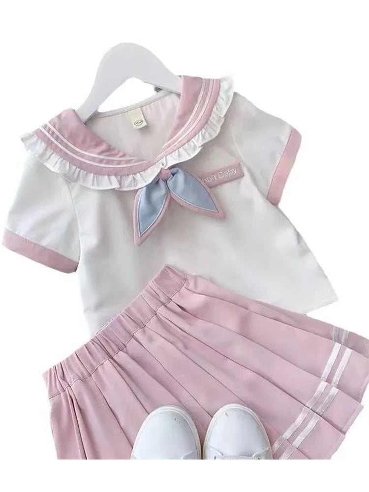 Summer Children Girls Student Uniform Set kids JK Mandarin Collar T-shirts and Pleated Skirts 2 Pieces Suit Kid School Uniform