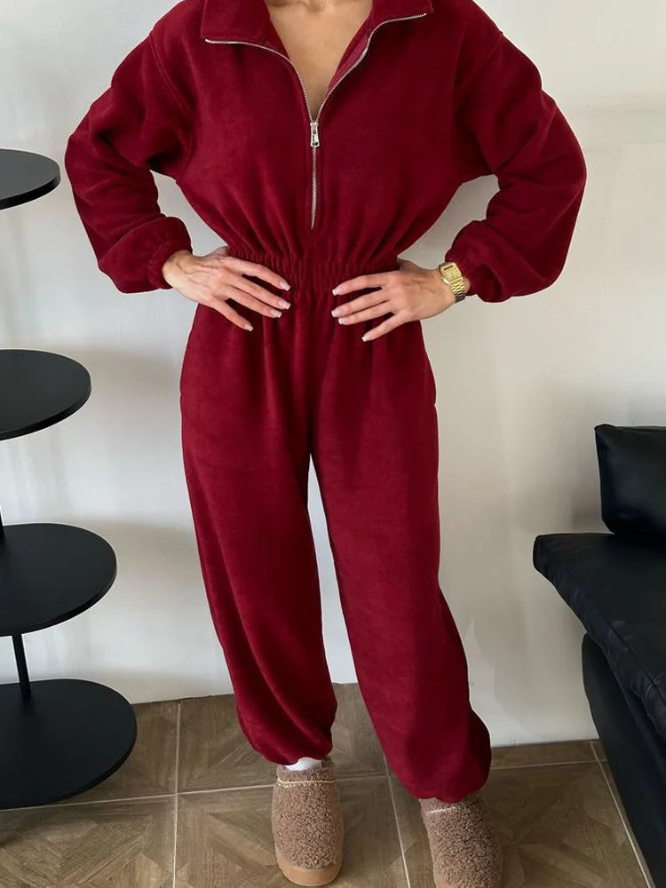 FSMG Casual Long Sleeve Half-Zip Sports Jumpsuits Women's Solid Loose Lapel Elastic Waist Tracksuits Comfy One-Piece Lounge Set