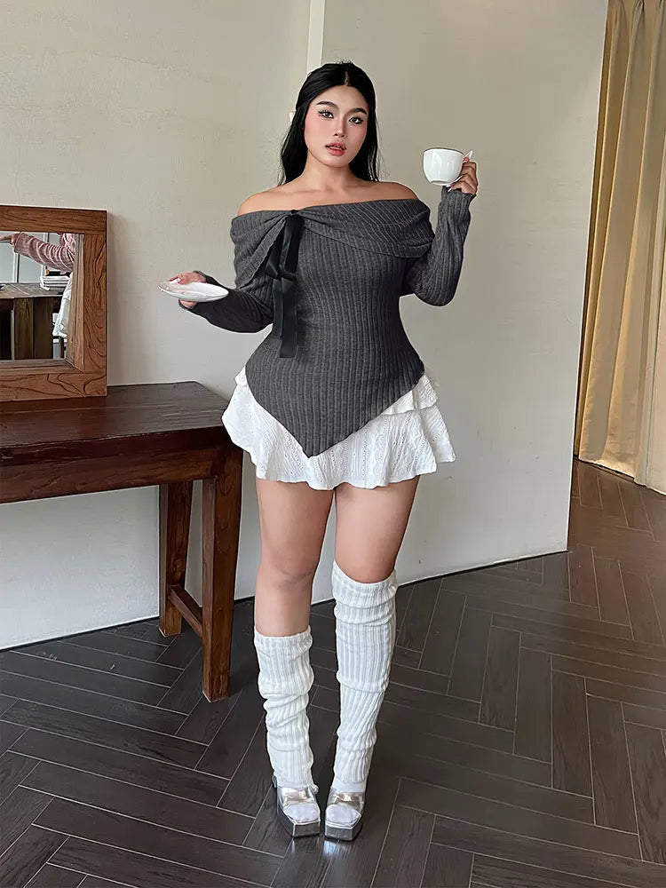 New Sexy Off-The-Shoulder Front Tie-Up Sweater Plus Size One-Shoulder Slim Fit Top Fashion AllMatch Autumn Women's Clothing Sale