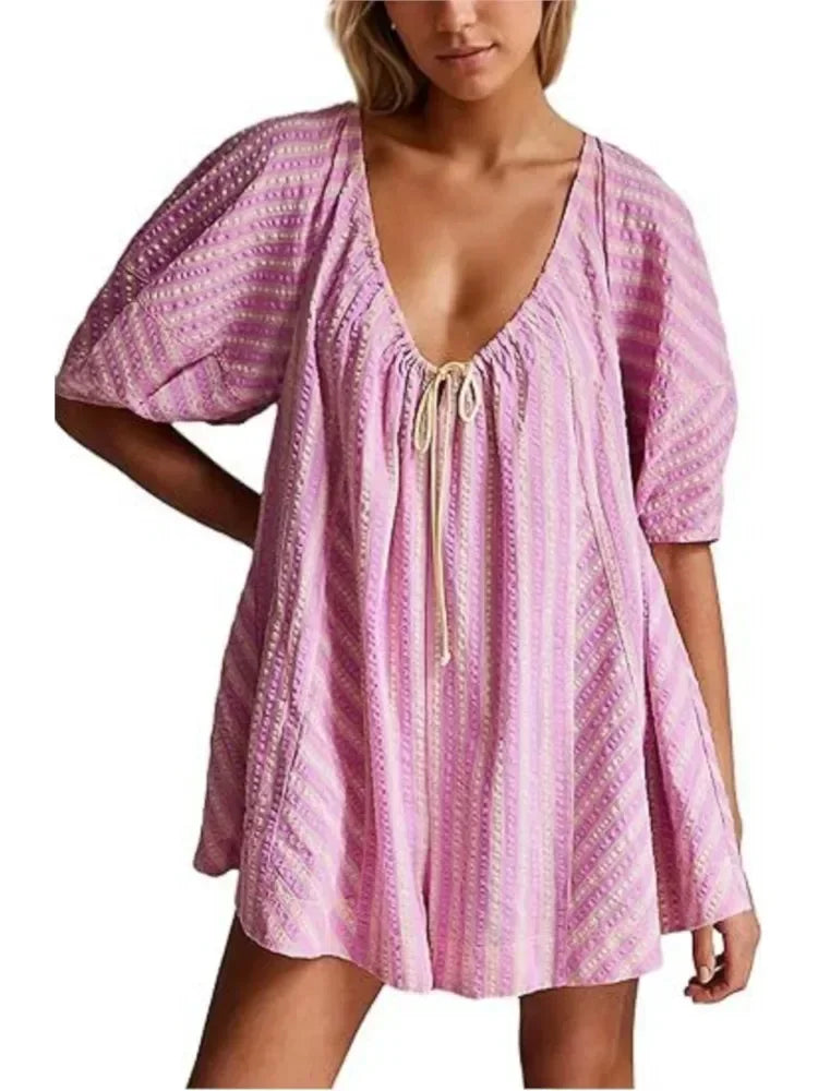 fall Beach Vacation Rompers Short-sleeve Striped Jumpsuit Slim Casual Loose Deep V Wide-leg Short Jumpsuit For Women Clothing