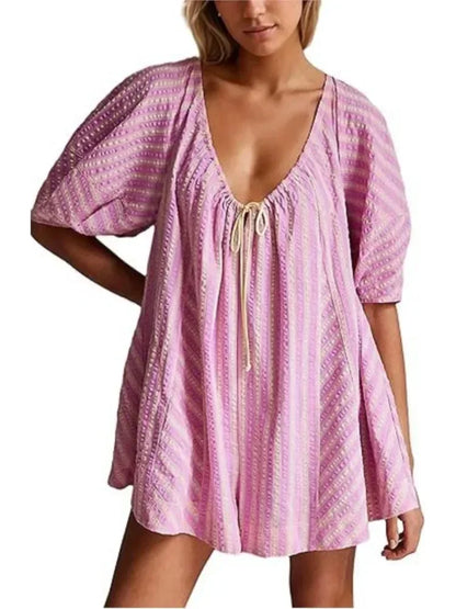 fall Beach Vacation Rompers Short-sleeve Striped Jumpsuit Slim Casual Loose Deep V Wide-leg Short Jumpsuit For Women Clothing
