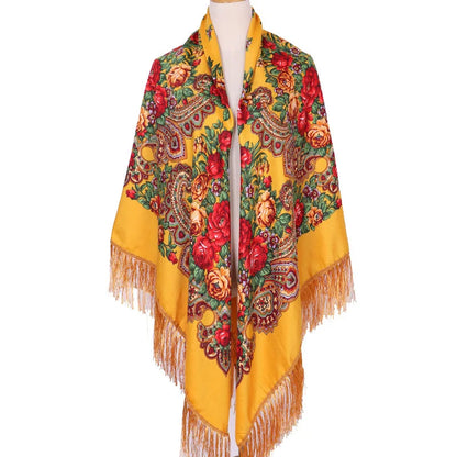 160*160cm Russian Square Scarf for Woman Warm Tassel Shawls Floral Print Handkerchie Wraps Babushka Bandana Beach Travel Blanket