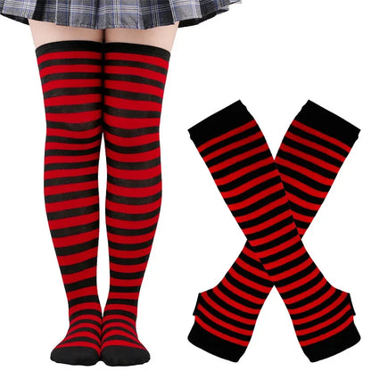 Long Over Above Knee Socks Womens mittens Arm Sleeve Gloves Set Striped Thigh High Stockings Ladies Girl Pink Black White Lolita