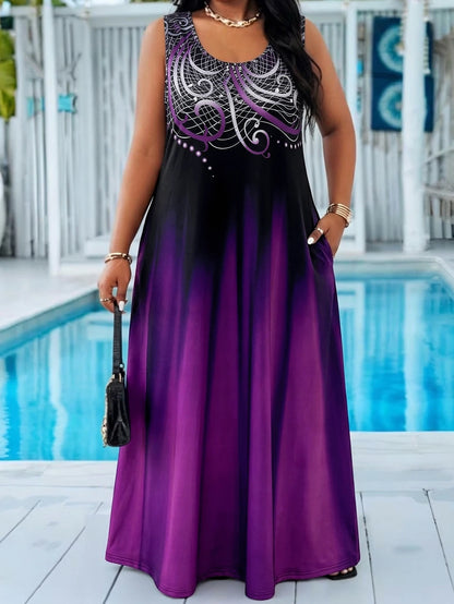 Plus Size Teal Blue Gradient Print Maxi Dress Summer Casual Round Neck Sleeveless Loose Long Sundress With Pocket