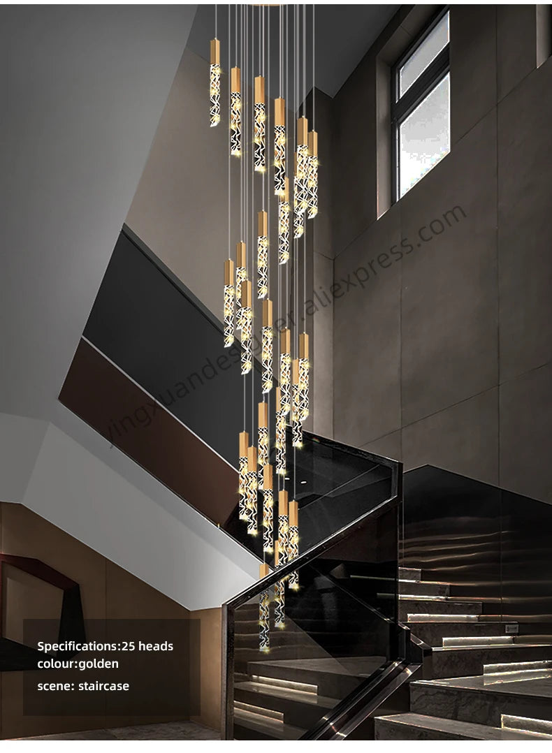 Crystal Staircase Pendant Lamp Modern Gold Lighting Fixture Ceiling Hang Pendant Light Luster Indoor Villa Loft Stair Chandelier
