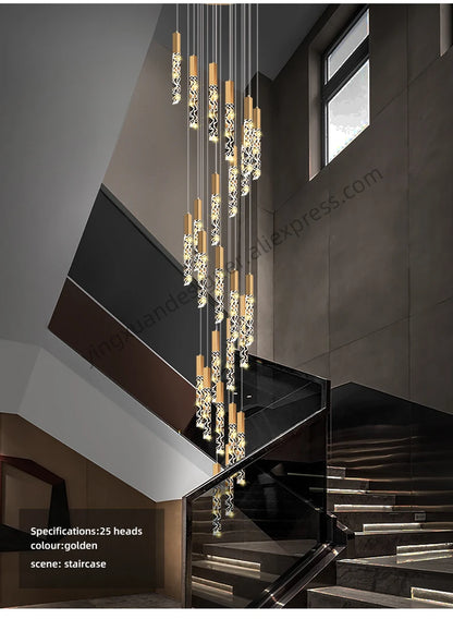 Crystal Staircase Pendant Lamp Modern Gold Lighting Fixture Ceiling Hang Pendant Light Luster Indoor Villa Loft Stair Chandelier