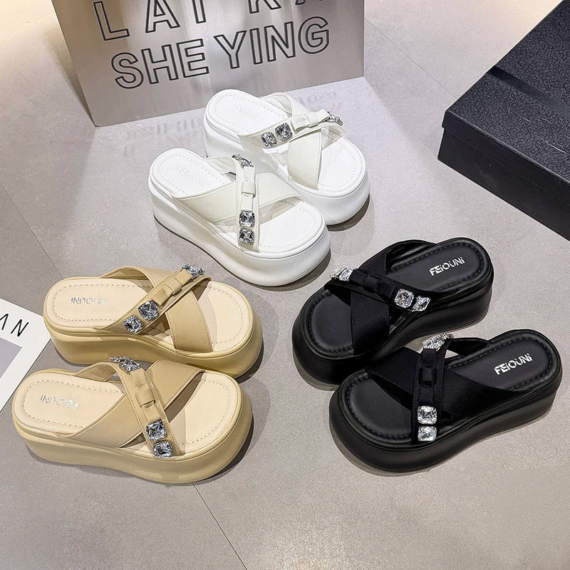 Summer Women's Luxury Rhinestone Bow Platform Wedge Slides Sandals Height Increasing Cross Open Toe Casual Beach Slippers Shoes