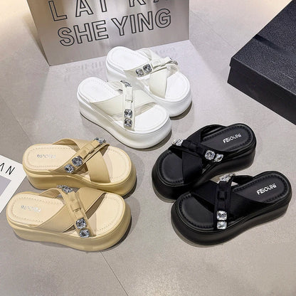Summer Women's Luxury Rhinestone Bow Platform Wedge Slides Sandals Height Increasing Cross Open Toe Casual Beach Slippers Shoes