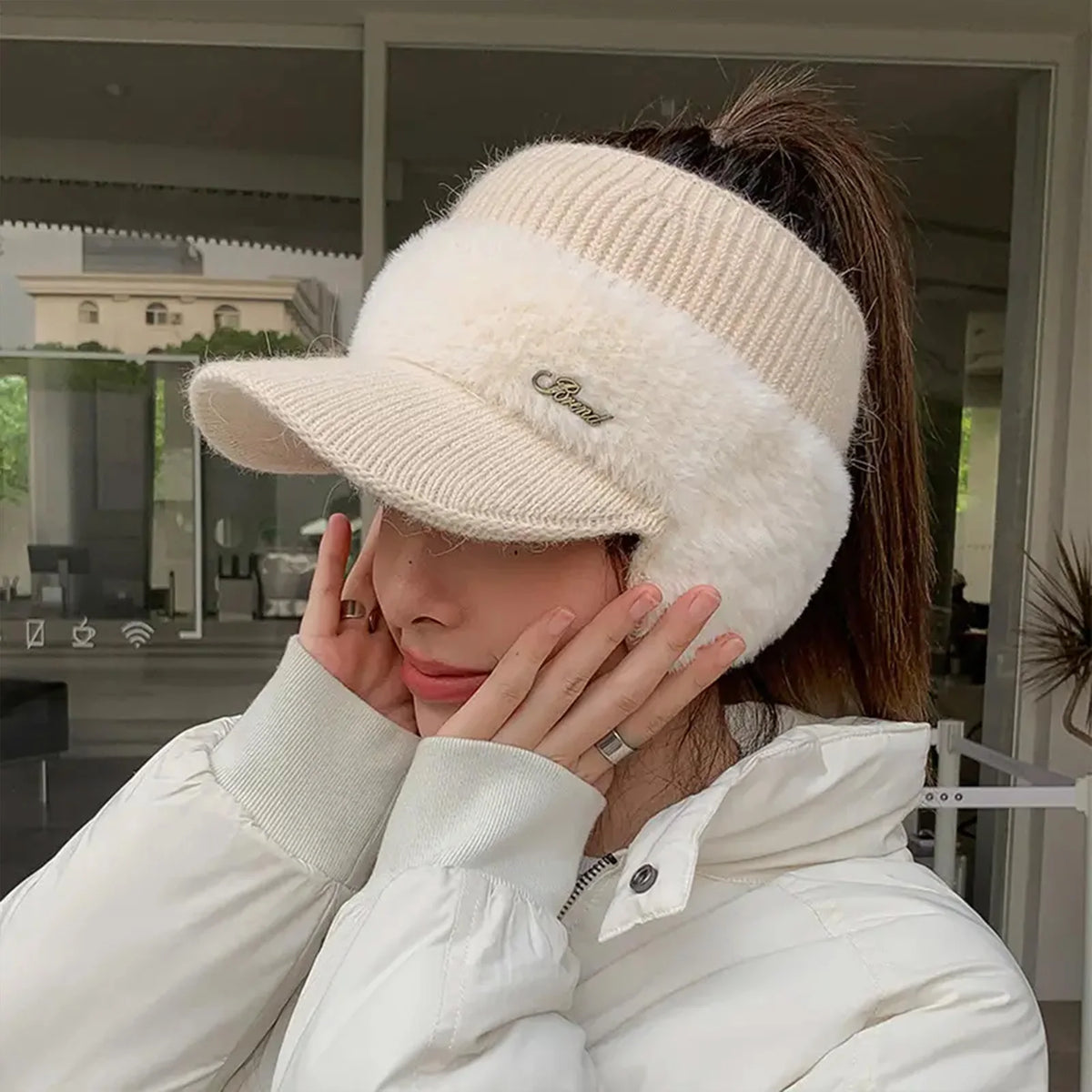 Winter Hat for Women New Fashion Winter Warm Ear Wing Knitted Cap Baseball Cap Outdoor Sports Windproof Ponytail Hat Visor
