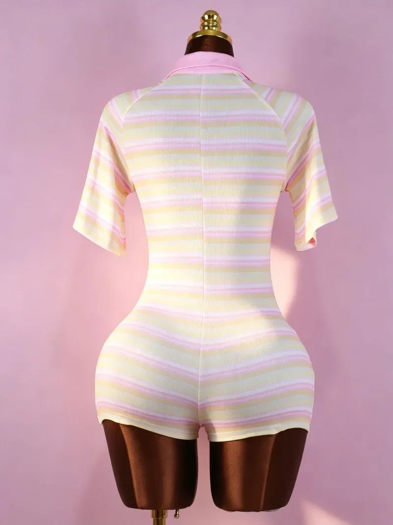 Ribbed Colorful Stripes Skinny Playsuits Women Fashion Casual Buttons V-neck Lapel Collar Short Sleeve Slim Streetwear Rompers
