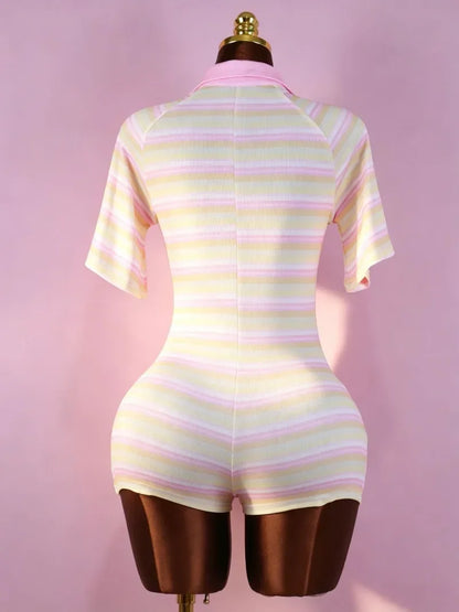 Ribbed Colorful Stripes Skinny Playsuits Women Fashion Casual Buttons V-neck Lapel Collar Short Sleeve Slim Streetwear Rompers