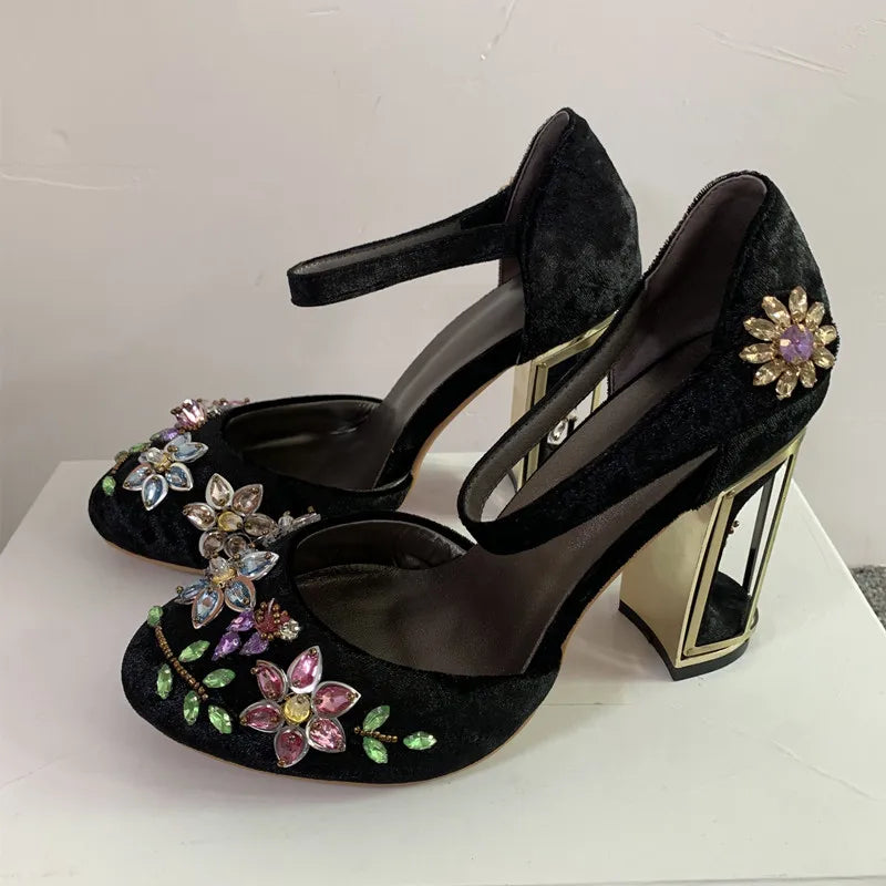 Autumn Crystal Flower Mary Janes Women Pumps Shoes Woman Sandals Strange High Heel Party Shoes Handmade Rhinestone Wedding Shoes