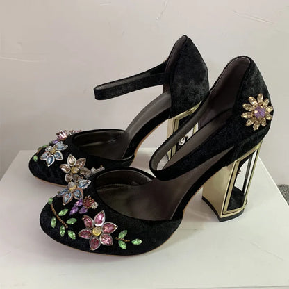 Autumn Crystal Flower Mary Janes Women Pumps Shoes Woman Sandals Strange High Heel Party Shoes Handmade Rhinestone Wedding Shoes