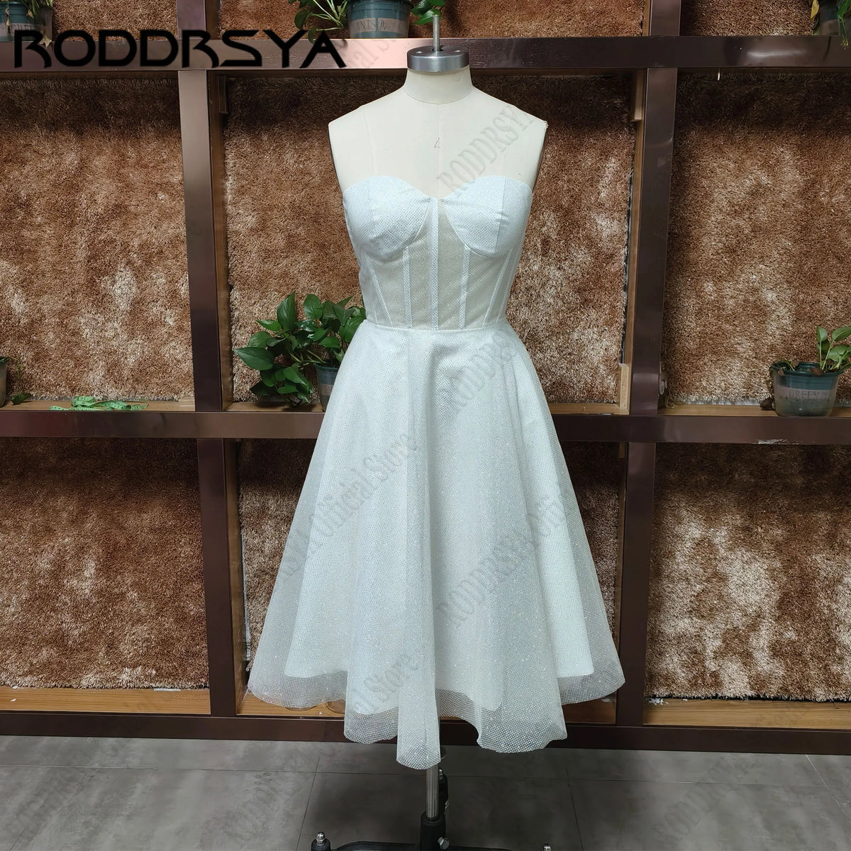RODDRSYA Short Sparkly Wedding Dress Knee Length vestidos de novia Strapless Glitter Tulle Bride Dresses A Line Sleeveless Women