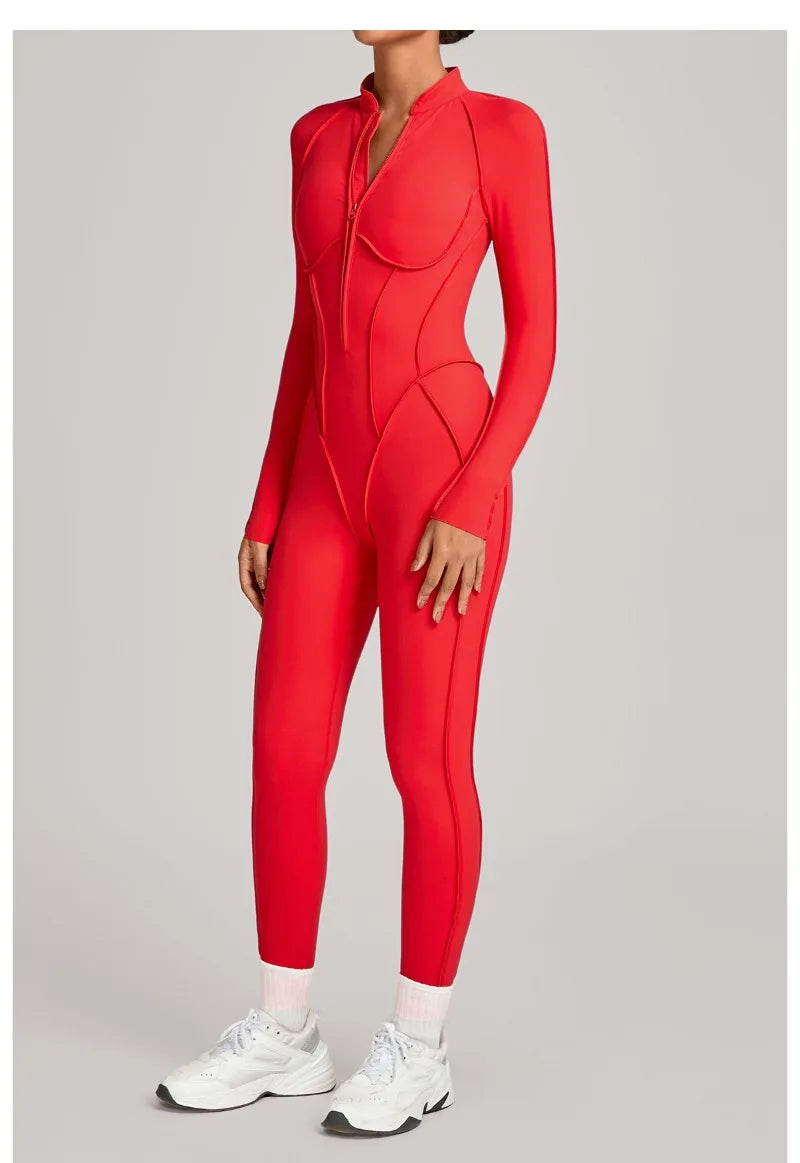 Women's Winter Yoga Jumpsuits Sports Fitness Hip-Lifting Slimming One-piece Zipper Long-Sleeved Outdoor Gym Workout Bodysuits