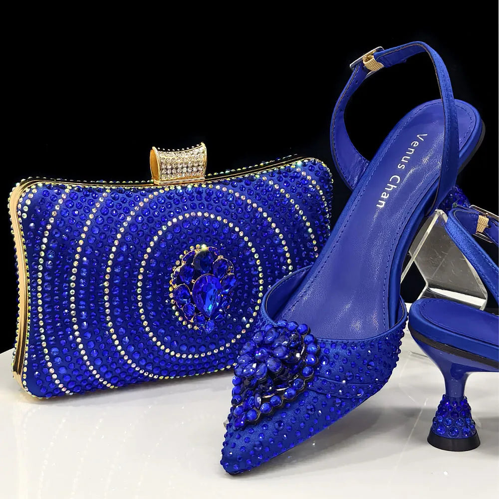 Latest Women Italian Shoes and Matching Bags Decorated with Rhinestone Elegant Pointed Toe Wedding Shoes Bride