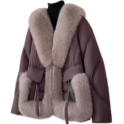 White Duck Down Coat Women Faux Fox Fur Collar Loose Thicken Parkas Warm Outwear 2026 Winter New Fashion Female Jacket